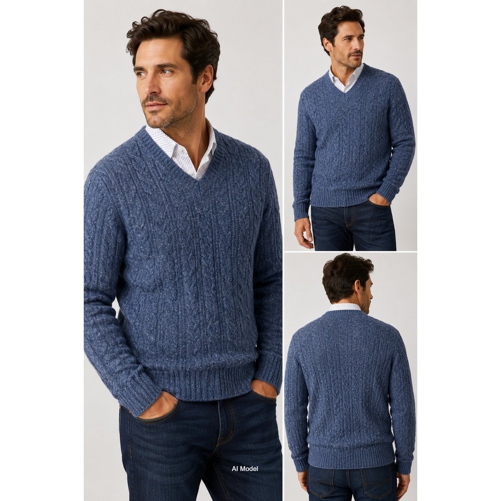 Robert Graham Cable Knit V-Neck‎ Sweater Mens Medium Fisherman Wool Blend